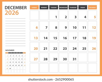 Modelo de calendário mensal para 2026 ano - dezembro 2026 ano, Semana Começa no domingo, Calendário de mesa 2026 projeto, Calendário de parede, design do planejador, artigos de papelaria, mídia de impressão, Fundo laranja, vetor
