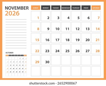 Modelo de calendário mensal para 2026 ano - novembro 2026 ano, Semana Começa no domingo, Calendário de mesa 2026 projeto, Calendário de parede, design do planejador, artigos de papelaria, mídia de impressão, Fundo laranja, vetor