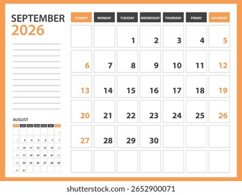 Modelo de calendário mensal para 2026 ano - setembro 2026 ano, Semana Começa no domingo, Calendário de mesa 2026 design, Calendário de parede, design do planejador, artigos de papelaria, mídia de impressão, Fundo laranja, vetor