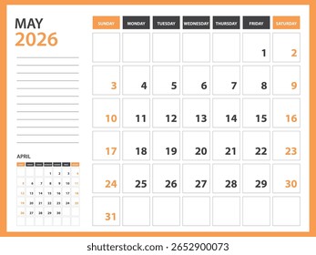 Modelo de calendário mensal para 2026 ano - maio 2026 ano, Semana Começa no domingo, Calendário de mesa 2026 projeto, Calendário de parede, design do planejador, artigos de papelaria, mídia de impressão, Fundo laranja, vetor