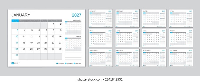 Monthly calendar template for 2027 year, Planner 2027 year, Week Starts on Sunday. Wall calendar in a minimalist style, desk calendar 2027 template, New Year Calendar Design, Business template Vector