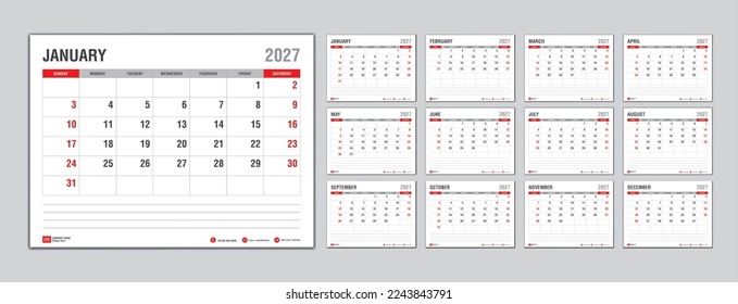 Monthly calendar template for 2027 year, Week Starts on sunday, Planner 2027 year, Wall calendar in a minimalist style, desk calendar 2027 template, New Year Calendar Design, Business template Vector