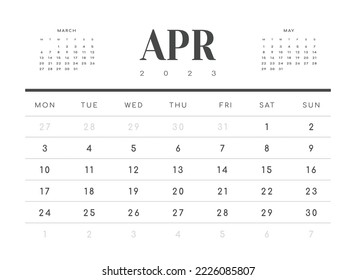 Monthly Calendar Template of april 2023. Vector layout simple calendar with week start monday.
