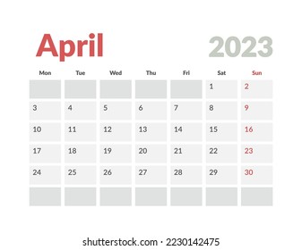 Monthly Calendar Template of april 2023. Vector layout simple calendar with week start monday.