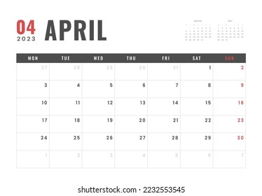 Monthly Calendar Template of april 2023. Vector simple gray grid layout for wall or desk calendar with week start on Monday for print