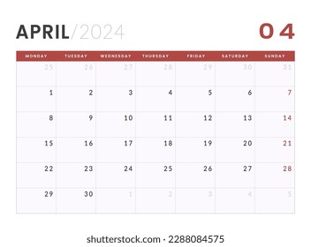 Monthly Calendar Template of april 2024. Vector layout of a wall or desk simple calendar with week start monday