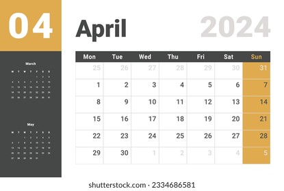 Monthly Calendar Template of april 2024. Vector layout simple calendar with week start Monday.