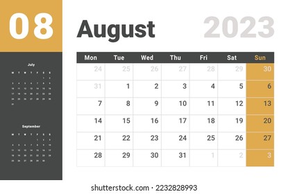 Monthly Calendar Template of august 2023. Vector layout simple calendar with week start monday.