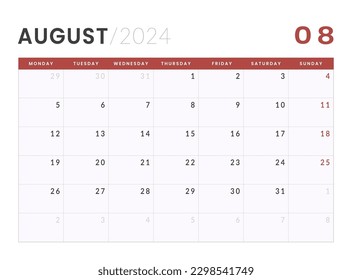 Monthly Calendar Template of august 2024. Vector layout of a wall or desk simple calendar with week start monday