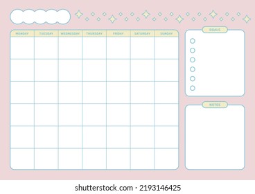 A monthly calendar template in a colorful and cute style. Note, diary, planner, calendar design template.