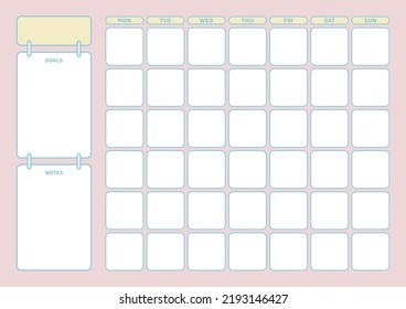 A monthly calendar template in a colorful and cute style. Note, diary, planner, calendar design template.