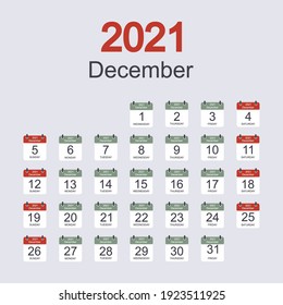 Monthly calendar template for December 2021 with daily date. Week starts on Sunday. Flat style. Vector illustration