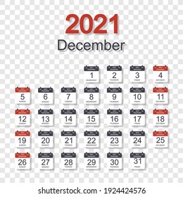 Monthly calendar template for December 2021 with daily date. On transparent background. Week starts on Sunday. Flat style. Vector illustration