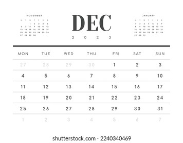 Monthly Calendar Template of december 2023. Vector layout simple calendar with week start monday.