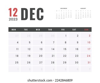 Monthly Calendar Template of december 2023. Vector simple gray grid layout for wall or desk calendar with week start on Monday for print