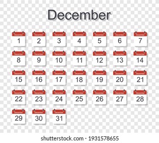 Monthly calendar template for December with daily date. On transparent background. Flat style. Vector illustration