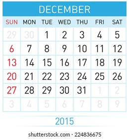 Monthly calendar template for December of year Twenty Fifteen