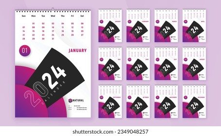 Monthly calendar template design for 2024 year. Week Starts on Sunday. Wall calendar in a minimalist and creative style.