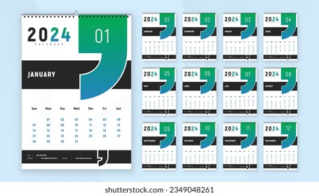 Monthly calendar template design for 2024 year. Week Starts on Sunday. Wall calendar in a minimalist and creative style.