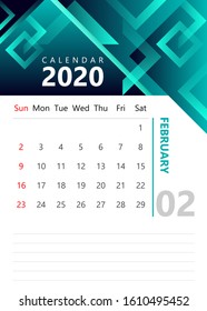 Monthly Calendar template February 2020 Green Background