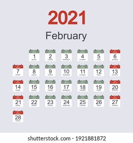 Monthly calendar template for February 2021 with daily date. Week starts on Sunday. Flat style. Vector illustration