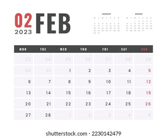 Monthly Calendar Template of february 2023. Vector simple gray grid layout for wall or desk calendar with week start on Monday for print