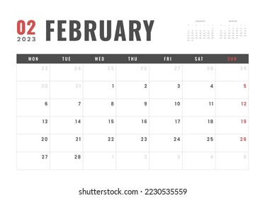 Monthly Calendar Template of february 2023. Vector simple gray grid layout for wall or desk calendar with week start on Monday for print