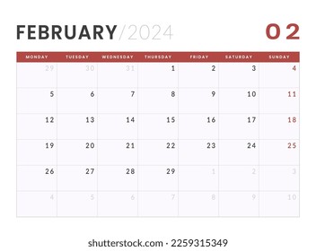 Monthly Calendar Template of february 2024. Vector layout of a wall or desk simple calendar with week start monday
