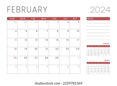 Monthly Calendar Template of february 2024. Vector layout of a wall or desk simple calendar with week start sunday