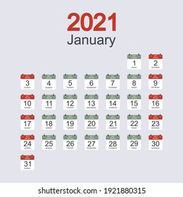 Monthly calendar template for January 2021 with daily date. Week starts on Sunday. Flat style. Vector illustration