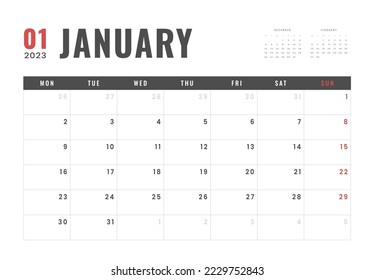 Monthly Calendar Template of january 2023. Vector simple gray grid layout for wall or desk calendar with week start on Monday for print