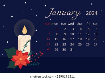 Monthly calendar template January 2024. Planer, vector illustration design in a flat style. Christmas flower. Calendar 2024, Christmas illustration