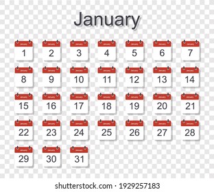 Monthly calendar template for January with daily date. On transparent background. Flat style. Vector illustration