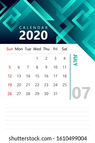 Monthly Calendar template July 2020 Green Background