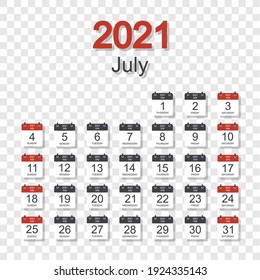 Monthly calendar template for July 2021 with daily date. Onion transparent background. Week starts on Sunday. Flat style. Vector illustrat