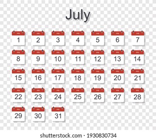 Monthly calendar template for July with daily date. On transparent background. Flat style. Vector illustration
