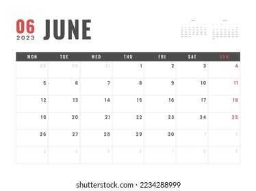 Monthly Calendar Template of june 2023. Vector simple gray grid layout for wall or desk calendar with week start on Monday for print
