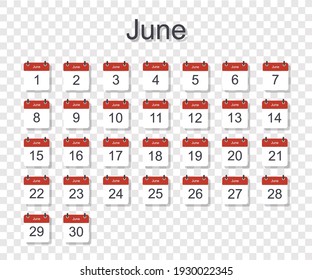 Monthly calendar template for June with daily date. On transparent background. Flat style. Vector illustration