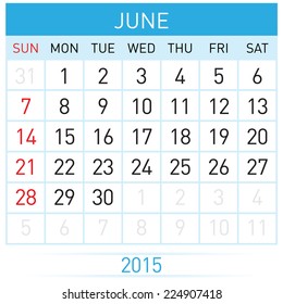Monthly calendar template for June of year Twenty Fifteen
