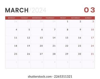 Plantilla del calendario mensual de marzo de 2024. Diseño vectorial de una pared o de un calendario simple de escritorio con el lunes de inicio de semana