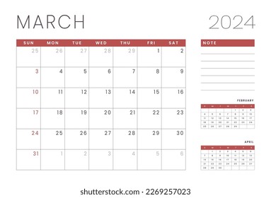 Monthly Calendar Template of march 2024. Vector layout of a wall or desk simple calendar with week start sunday