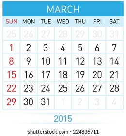 Monthly calendar template for March of year Twenty Fifteen