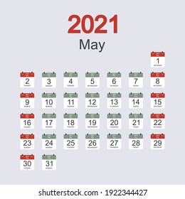 Monthly calendar template for May 2021 with daily date. Week starts on Sunday. Flat style. Vector illustration