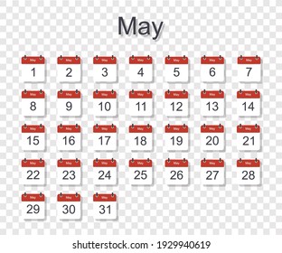 Monthly calendar template for May with daily date. On transparent background. Flat style. Vector illustration
