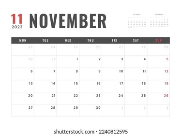 Monthly Calendar Template of november 2023. Vector simple gray grid layout for wall or desk calendar with week start on Monday for print