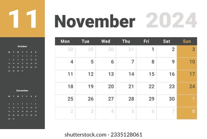 Monthly Calendar Template of november 2024. Vector layout simple calendar with week start Monday.