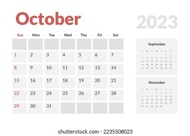 Monthly Calendar Template of october 2023. Vector simple gray grid layout for wall or desk calendar with week start on Monday for print