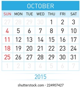 Monthly calendar template for October of year Twenty Fifteen