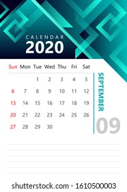 Monthly Calendar template September 2020 Green Background