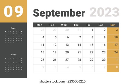 Monthly Calendar Template of september 2023. Vector layout simple calendar with week start monday.